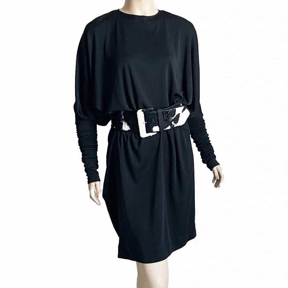 Norma Kamali OMO Dress Black Dolman Scrunchy Batwing Sleeve Vintage 80s Size M - Picture 9 of 15
